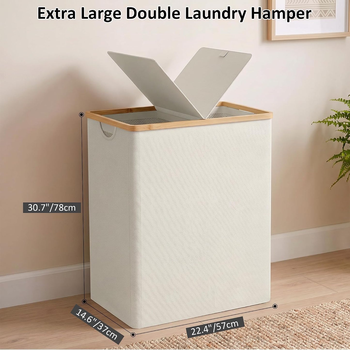 efluky Laundry Hamper with Lid, Trio Laundry Basket with 2 Removable Bags, 3 Section Laundry Bin with Bamboo Handles for Bathroom, Bedroom & Laundry Room, 160L (42.3 Gallon) Beige