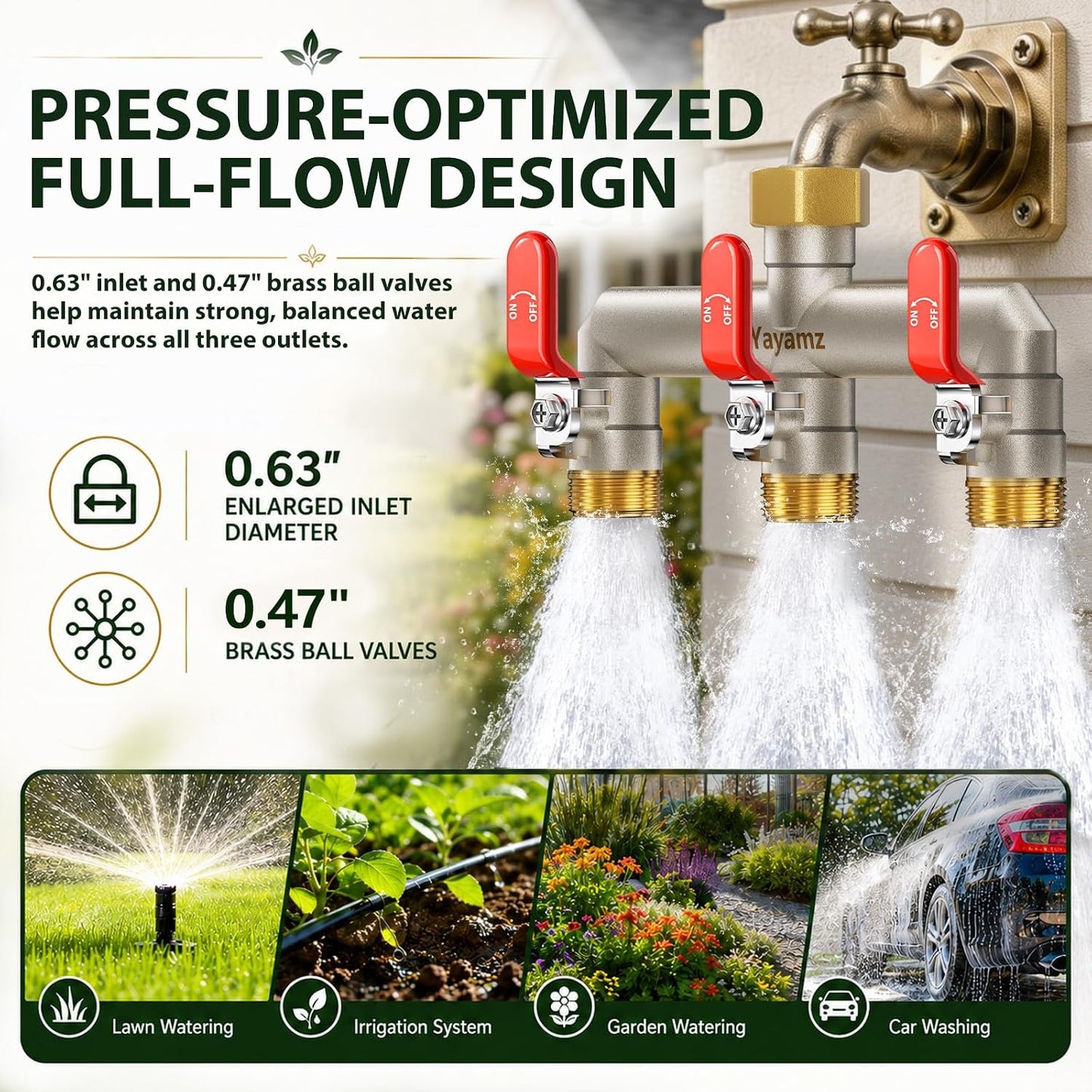 Garden Hose Splitter 3-Way, Heavy Duty Brass Hose Splitter | Outdoor Water Spigot Splitter, Full Flow, Long Handles, Shut-off Valves, Wide Spacing Fit Large Timer