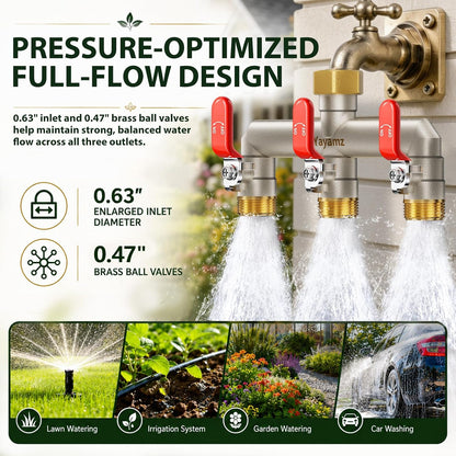 Garden Hose Splitter 3-Way, Heavy Duty Brass Hose Splitter | Outdoor Water Spigot Splitter, Full Flow, Long Handles, Shut-off Valves, Wide Spacing Fit Large Timer