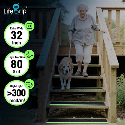 LifeGrip Anti Slip Traction Treads 10 Pack, 6"x32" with Glow in Dark Stripe, Best Grip Tape Grit Non Slip, Outdoor Non Skid Tape, High Traction Friction Abrasive Adhesive for Stairs Step