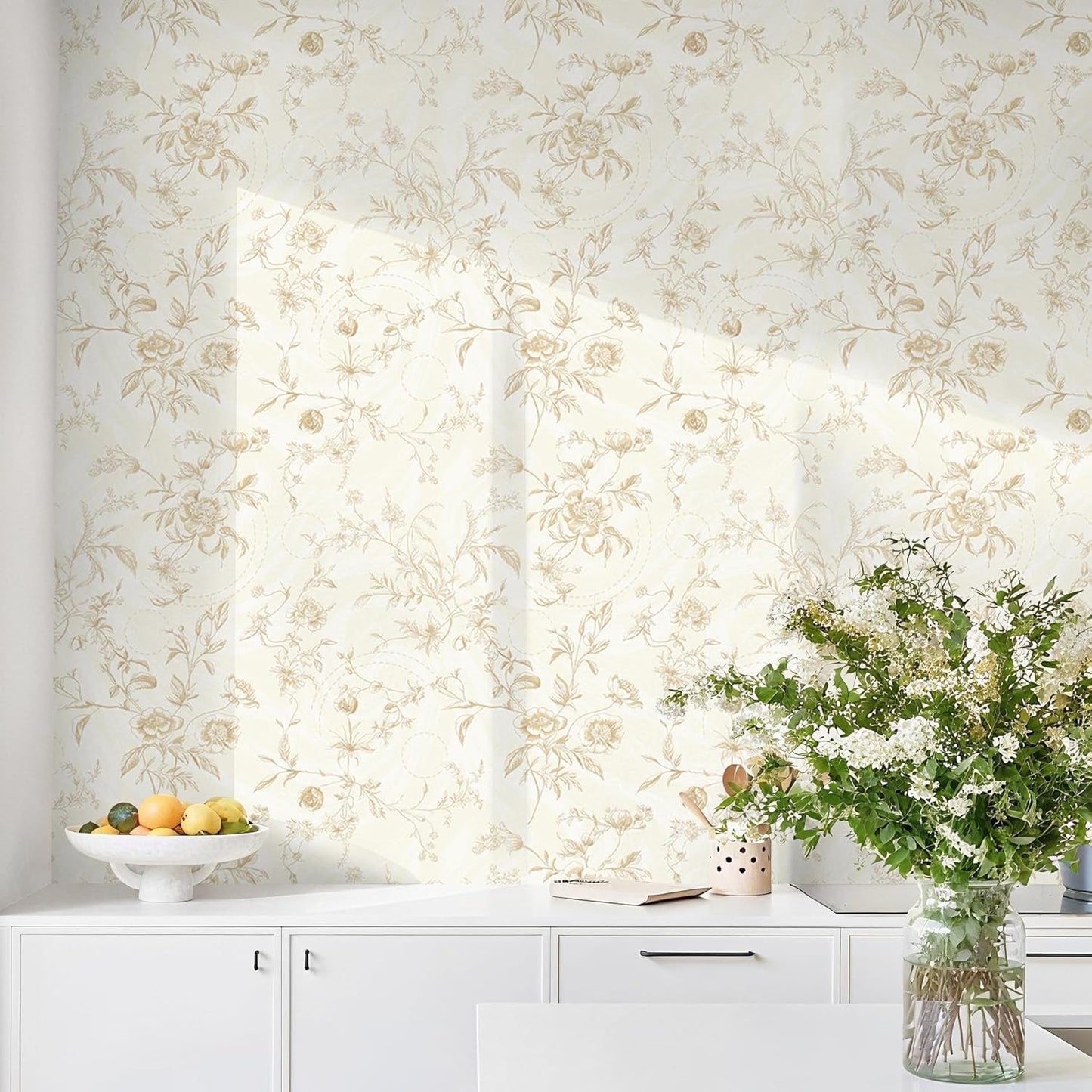 Dimoon 17.3''x78.7'' Vintage Peel and Stick Wallpaper Boho Beige Neutral Contact Paper White Floral Bird Wallpaper Removable Botanical Renter Friendly Modern Wall Paper Bedroom Bathroom Vinyl Roll