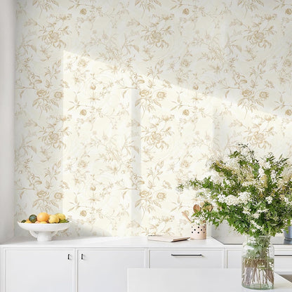 Dimoon 17.3''x78.7'' Vintage Peel and Stick Wallpaper Boho Beige Neutral Contact Paper White Floral Bird Wallpaper Removable Botanical Renter Friendly Modern Wall Paper Bedroom Bathroom Vinyl Roll
