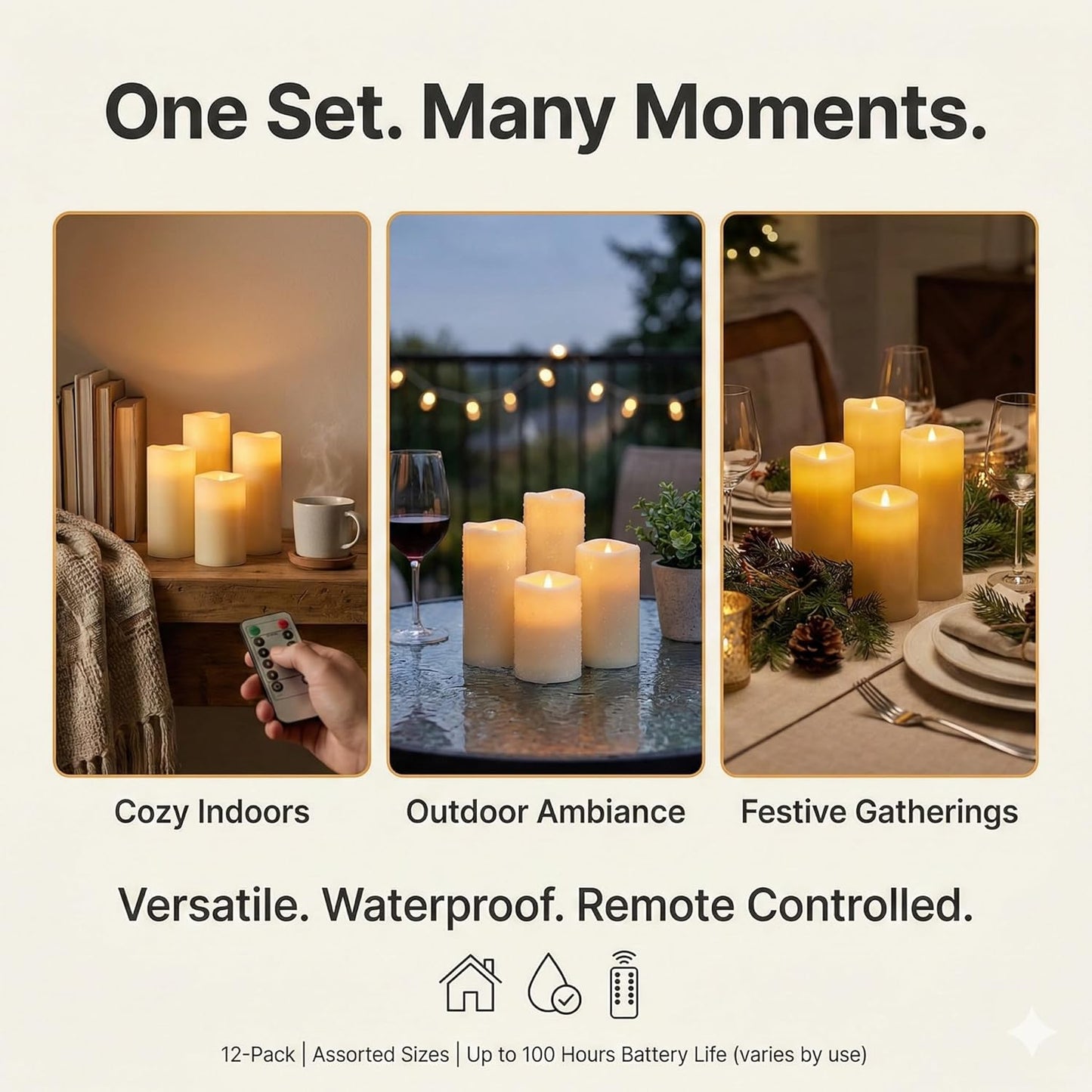 Set of 24 Slim Outdoor LED Candles, Battery Operated Flickering Fake Candles with 10-Key Timers for Patio & Porch Decor, 2.2 Inch Diameter Waterproof Resin Pillars for Large Events & Sconces (White)
