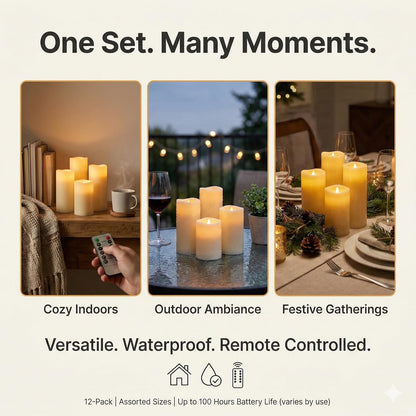 Set of 24 Slim Outdoor LED Candles, Battery Operated Flickering Fake Candles with 10-Key Timers for Patio & Porch Decor, 2.2 Inch Diameter Waterproof Resin Pillars for Large Events & Sconces (White)