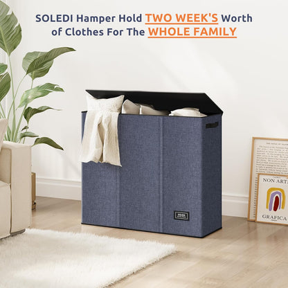 SOLEDI 180L Laundry Hamper 3 Section, Extra Large Laundry Hamper with Lid, Dirty Clothes Hamper with Sturdy Handle, Large Laundry Basket Organizer for Laundry Room, Bedroom, Hampers for Laundry