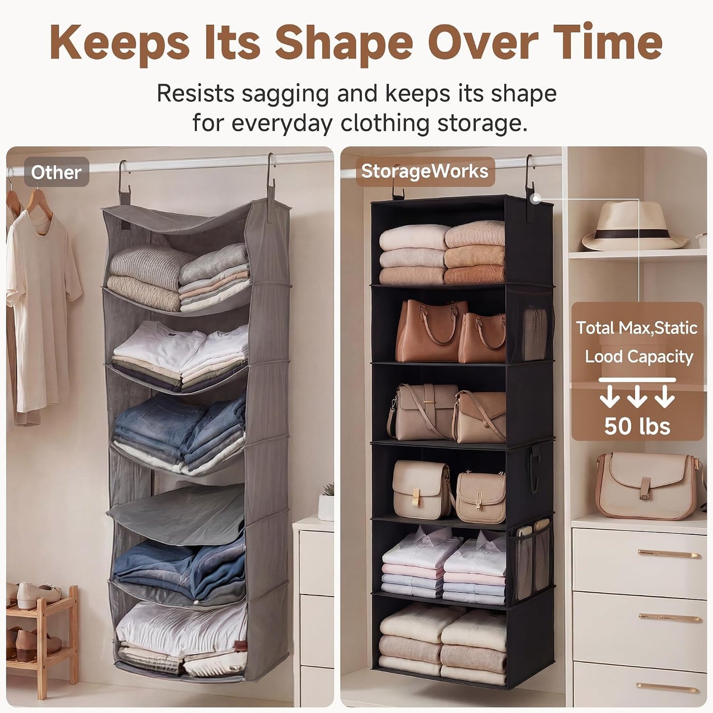 StorageWorks 6-Shelf Closet Organizers, Two 3-Shelf Separable Hanging Shelves for Closet, 12 1⁄2" D x 12 1⁄2" W x 47 ¼" H, Mixing of Beige, White & Ivory
