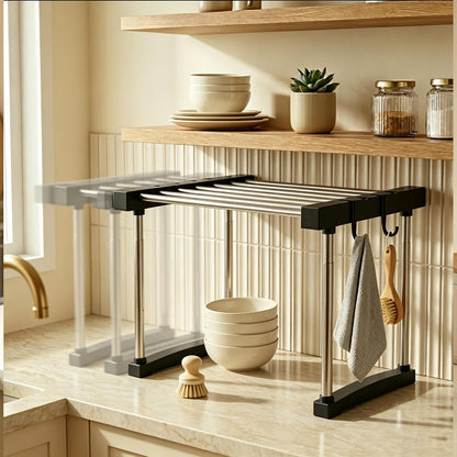 BLULEE Expandable Under Sink Organizer, 2-Tier Adjustable Storage Shelf | Heavy-Duty Stainless Steel Cabinet Rack for Kitchen Pantry & Bathroom Vanity, Stackable Organization System