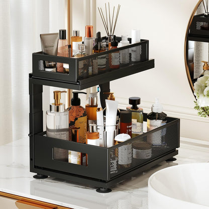 2 Pack Under Sink Organizer with Next-Gen Ball-Bearing Slides,2-Tier Pull Out Cabinet Storage,Height Adjustable Drawer Shelf for Bathroom,Kitchen,Laundry,Cabinet,Pantry(Patent Pending)