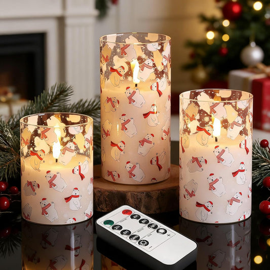 Eywamage Gold Glass Flameless Pillar Candles with Remote, Flickering Christmas LED Candles Battery Operated Set of 3