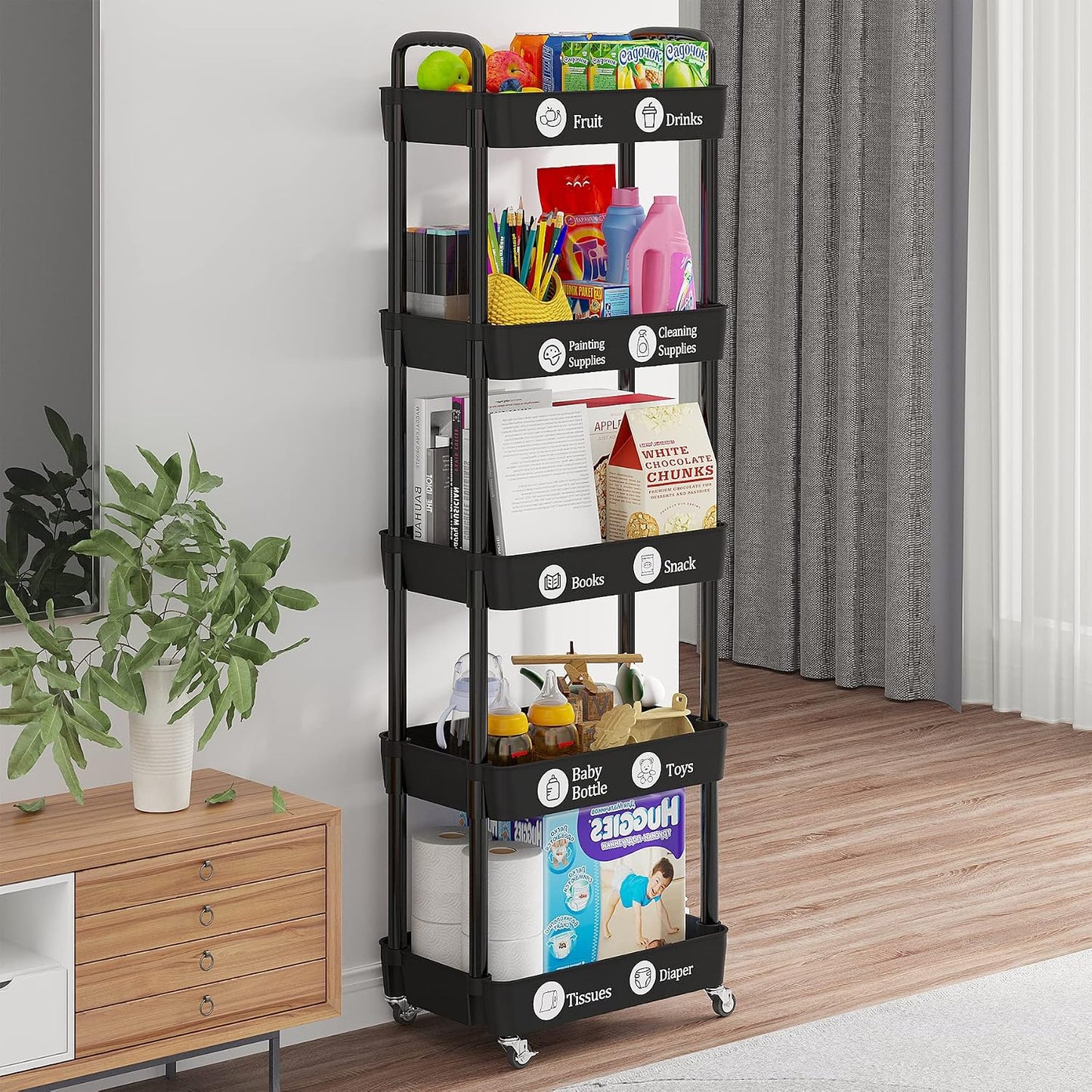 Laiensia 3-Tier Rolling Cart with Wheels,Multifunction Utility Storage Carts, Kitchen Storage Organizer,Mobile Shelving Unit for Bathroom,Laundry,with Classified Stickers,White