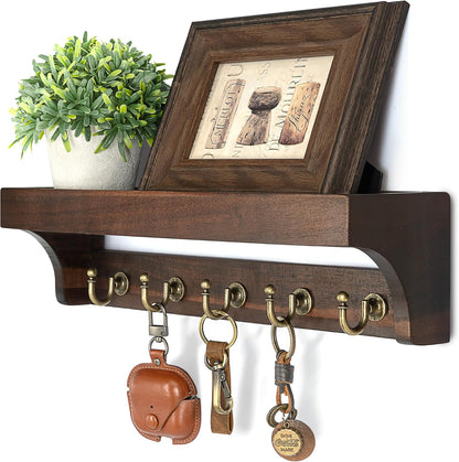 Rebee Vision Farmhouse Key Holder for Wall - Decorative Wooden Mail Organizer with 5 Rustic Key Hooks and Floating Shelf for Home Decor, Hallway, Entryway, Appartment (Retro Brown)