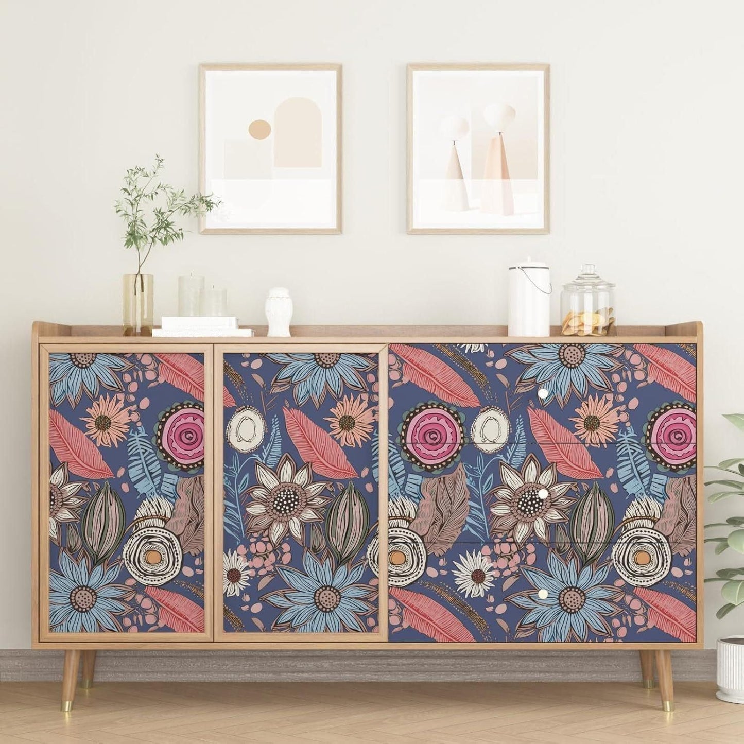 Blue Wallpaper Peel and Stick,Vintage Boho Floral Contact Paper 17.5" x 118", Retro Botanical Flower Wall Paper Self Adhesive Removable Waterproof for Walls Shelves Cabinet Table (Blue,Yellow, Green)