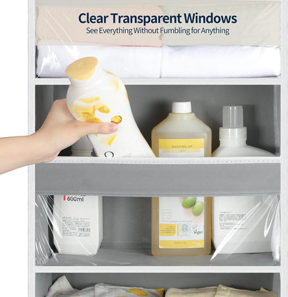 Yecaye Over the Door Organizer 5 Tiers, Heavy Duty Hanging Storage with 5 Large Clear PVC Pockets and 10 Side Pockets, 56lbs Capacity for Closet Door Bathroom Bedroom Nursery Dorm Laundry Room, Grey