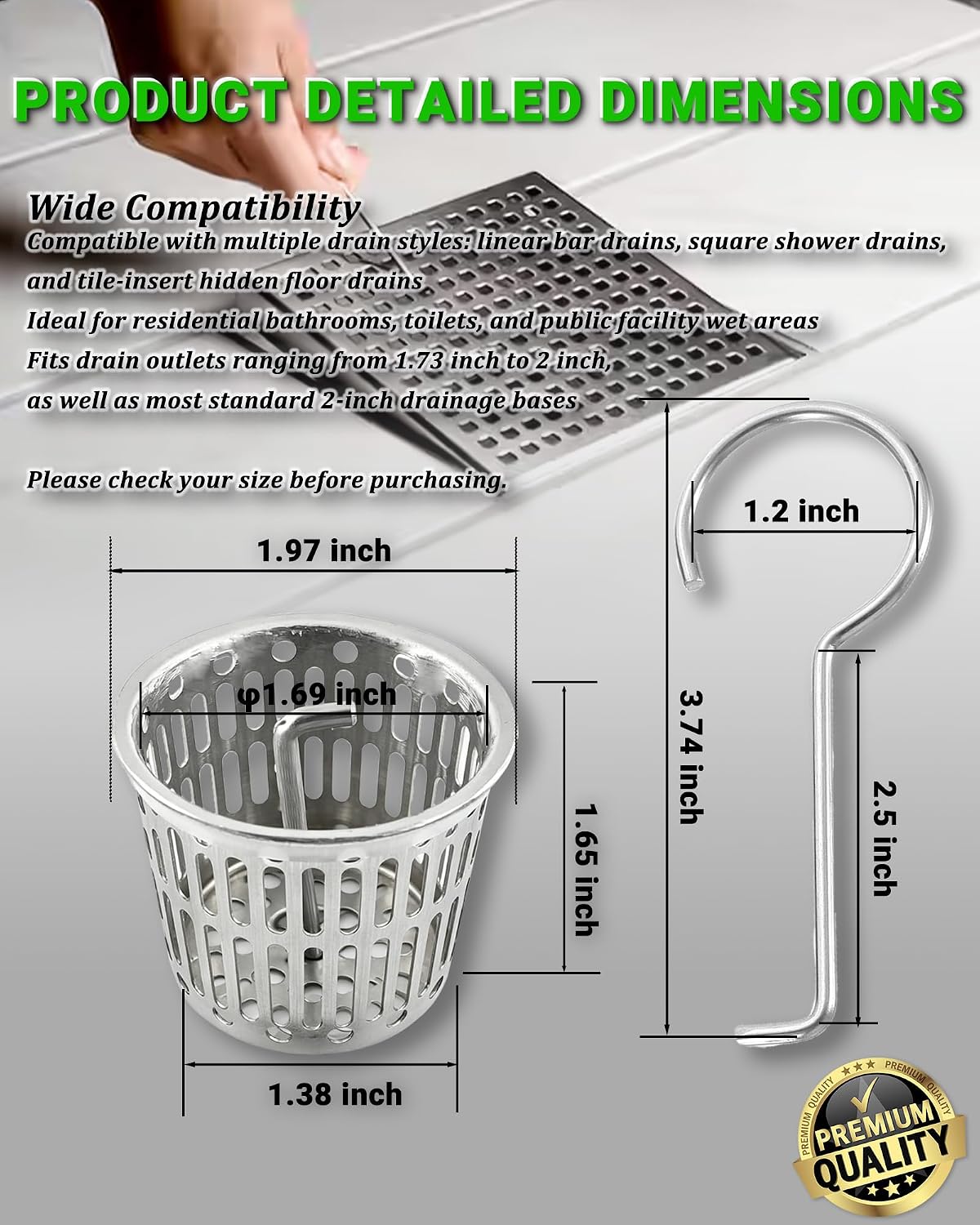 2 Pcs Shower Drain Strainer Hair Catcher, 304 Stainless Steel Drain Strainer Compatible with Oatey Designline Linear & Square Shower Drains with Drain Grate Lifting Key, Vertical Hook Style