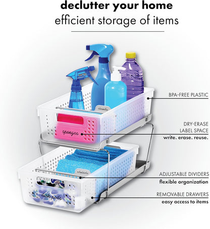 madesmart 2 Tier Organizer, Under Cabinet Storage with Pull Out Sliding Drawers, for Cleaning Supplies, Pantry, Undersink, Sponges, Bottles & Bath, Pull Out Baskets, Frost 2 PACK