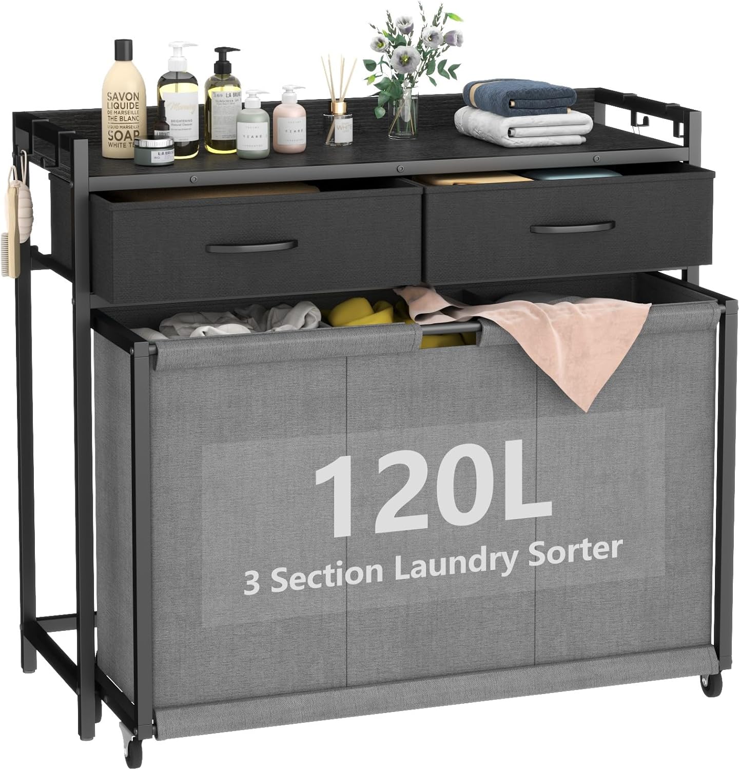STIKELY Laundry Hamper Laundry Basket with 3 Section Pull-Out Rolling Bags, Laundry Sorter for Organization and Storage with 2 Pull-Out Drawers for Laundry Room, Bathroom, Bedroom Use (Rustic Brown)
