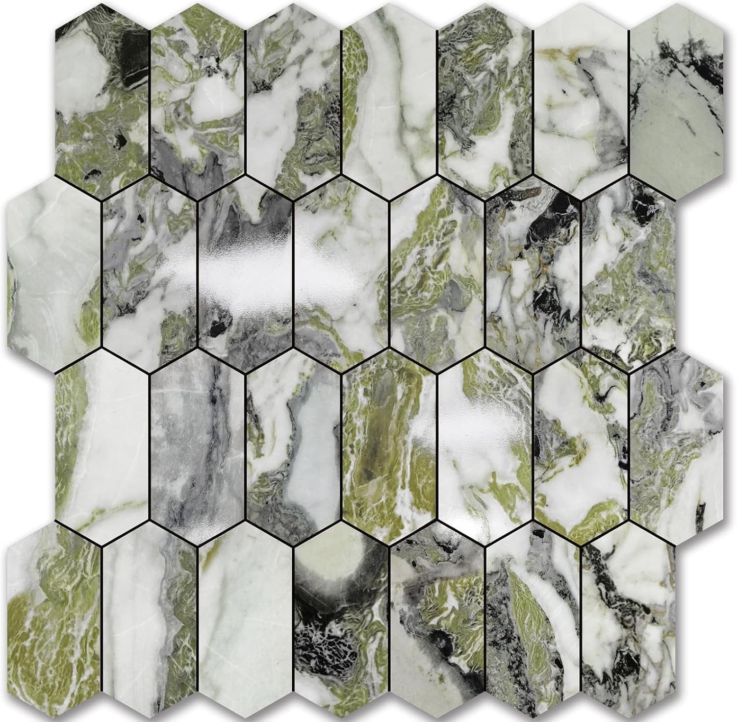 Vamos Tile Long Hexagon Peel and Stick Backsplash Tile - 10 Sheets Stick on Backsplash for Kitchen and Bathroom 12.4 x 12 Inch Glossy Wood Grain PVC Self Adhesive Mosaic Wall Tiles
