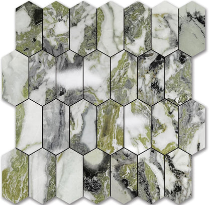 Vamos Tile Long Hexagon Peel and Stick Backsplash Tile - 10 Sheets Stick on Backsplash for Kitchen and Bathroom 12.4 x 12 Inch Glossy Wood Grain PVC Self Adhesive Mosaic Wall Tiles