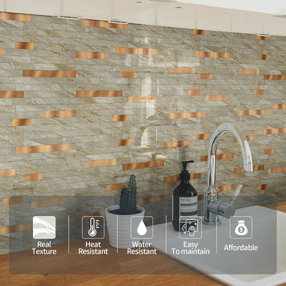 Yipscazo 2026 New Upgrade 11.34" X 11.57" Peel and Stick Backsplash, Stick on Backsplash Tiles for Kitchen, Bathroom, Fireplace (10 Sheets, Beige Rocks + Rose Gold)