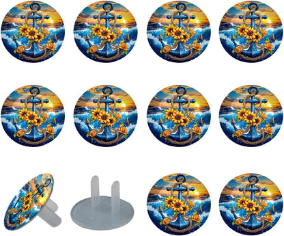 Vintage Brown Wood 12 Packs Outlet Covers Child Proof Plug Protector, Safety Outlet Plugs Covers, 2-Prong Wall Socket Protection Caps, Round Electrical Wall Receptacle for Home Office