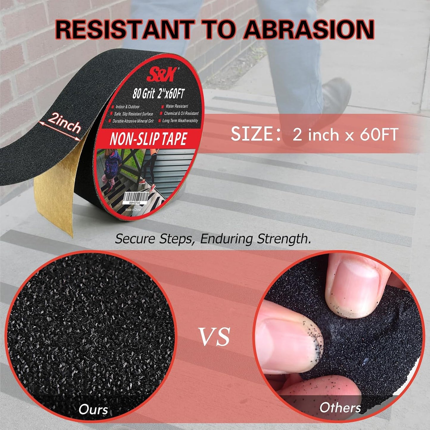 S&X Premium Outdoor Anti-Slip Tape - 4" x 60' Black Non-Slip Traction for Stairs, Ramps, Walkways, Boats, Weatherproof, High Traction, Long-Lasting Safety Solution