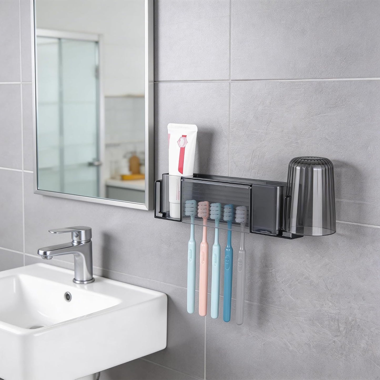 5 Slots Wall Mount Toothbrush Holder with Cover, Self Adhesive Toothbrush Storage Organizer for Shower, Toothpaste & Toothbrush Hanger for Bathroom, Medicine Cabinet, Dorm (Gray Large)