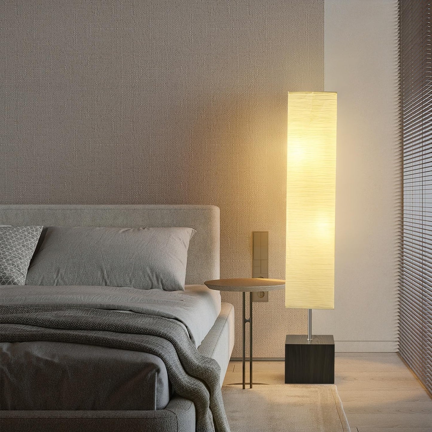 Column Floor Lamp – Natural Wood Base&Rice Paper, Japanese lamp，with Square Base for Living Room,Office, Kids Room, Reading, Home Decor, Off White, 58"