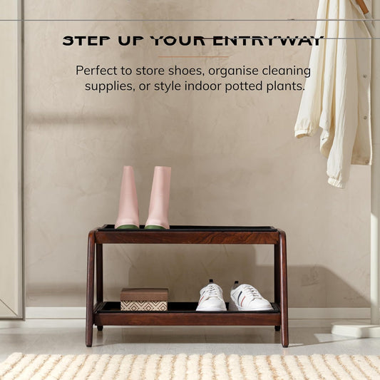Anji Mountain Heavy Duty Waterproof Wooden Shoe Storage Mat Organizer/Boot Storage Tray Multi Use for Entryway with Coir, Gray and Ivory Insert, 1 Tier, Fits 2 Pair (26.5" Wide)
