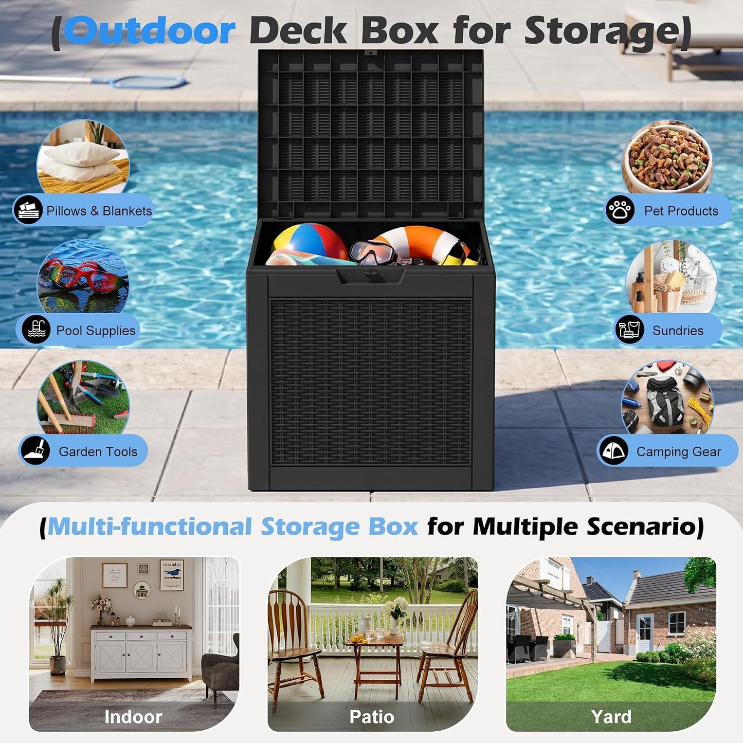 35 Gallon Outdoor Storage Box, Waterproof Resin Deck Box with Lockable Lid – Storage Cabinet for Patio Furniture, Pool Supplies, Garden Tools – Indoor & Outdoor Use