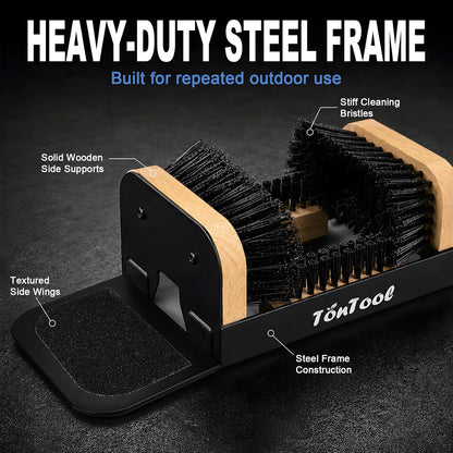 Boot Brush Scraper Outdoor Heavy Duty Boot Cleaner Brush Outdoor with Natural Stiff Bristles Boot Scrapers with Brushes Outdoor Steel Frame Non-Slip Base Foldable Side Wings Wall Mount or Freestanding