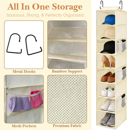 Hanging Shoe Organizer for Closet with 8 Shelves,Mesh Pockets-Wider Hanging Shelves for Shoes,Clothes,Hats with Sturdy Bamboo-Supported Design (Beige)
