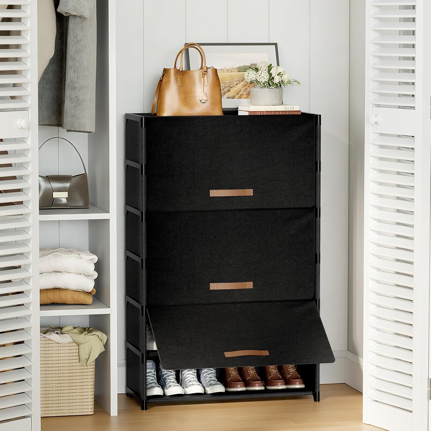 Shoe Rack, 5 Tier Shoe Storage Cabinet with Door 20 Pair Plastic Shoe Shelves Organizer for Closet, Entryway, Hallway, Bedroom, Black