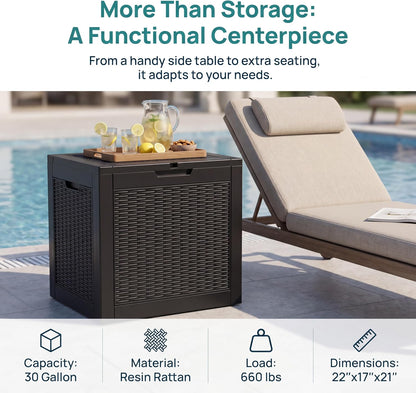 NicBex 30 Gallon Deck Box, Waterproof Resin Outdoor Storage Box Lockable for Patio Furniture, Fade Resistant Patio Side Table & Organizer for Garden Tools, Pool Floats, Outdoor Cushions, Black