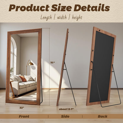 Antok Full Length Mirror with Solid Wood Frame, 71"×32" Wall Mounted Oversized Floor Mirror with Stand, Leaning Standing Hanging for Bedroom Living Room Entryway, Walnut, Arched Syle