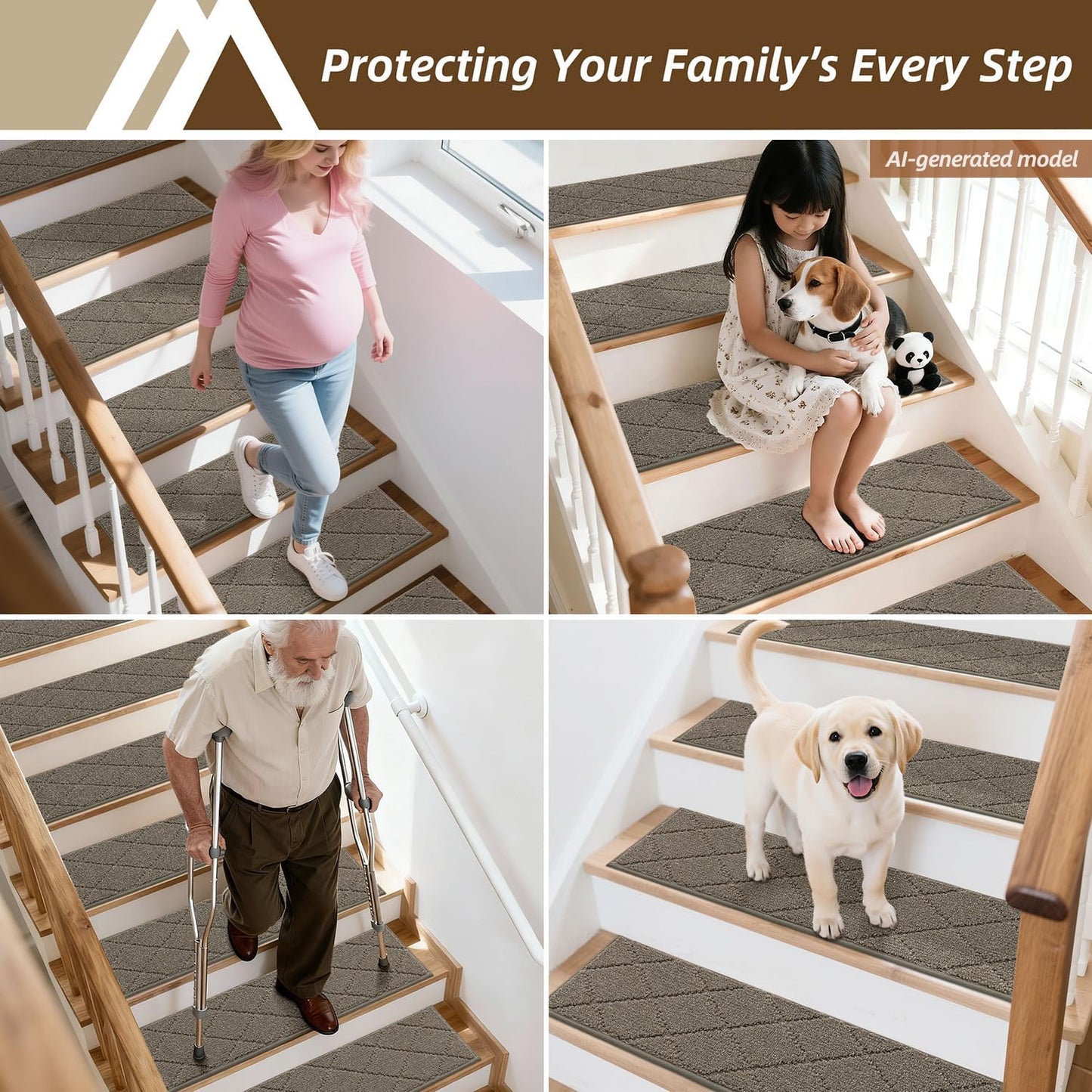 COSY HOMEER Edging Stair Treads Non-Slip Carpet Mat 28inX9in Indoor Stair Runners for Wooden Steps, Edging Stair Rugs for Kids and Dogs, 100% Polyester TPE Backing(4pc, Beige)