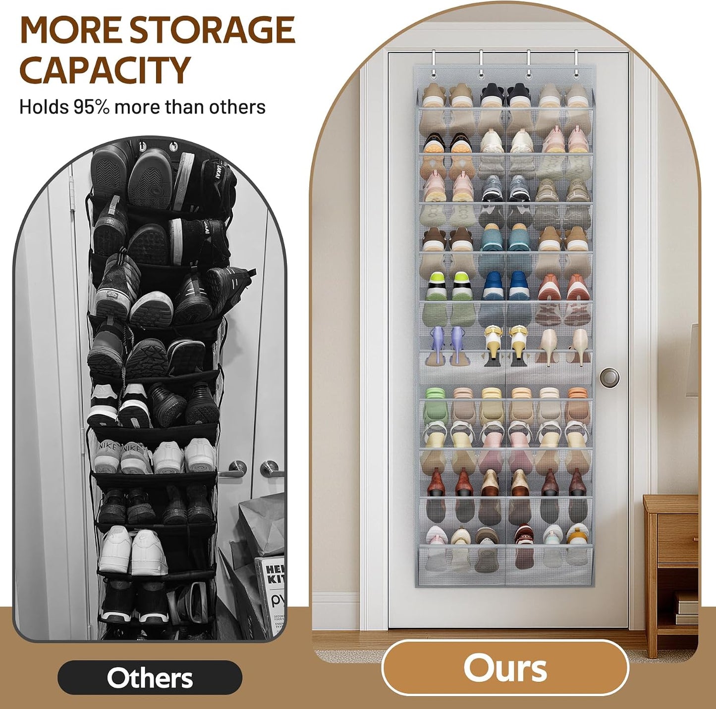 MISSLO 30 Pairs Over the Door Shoe Organizer Breathable Mesh Hanging Shoe Rack for Closet Storage with Wide Deep Pockets 10 Tier Shoes Holder Fit All the Family's Sneakers, Boots, Heels (White, 71")