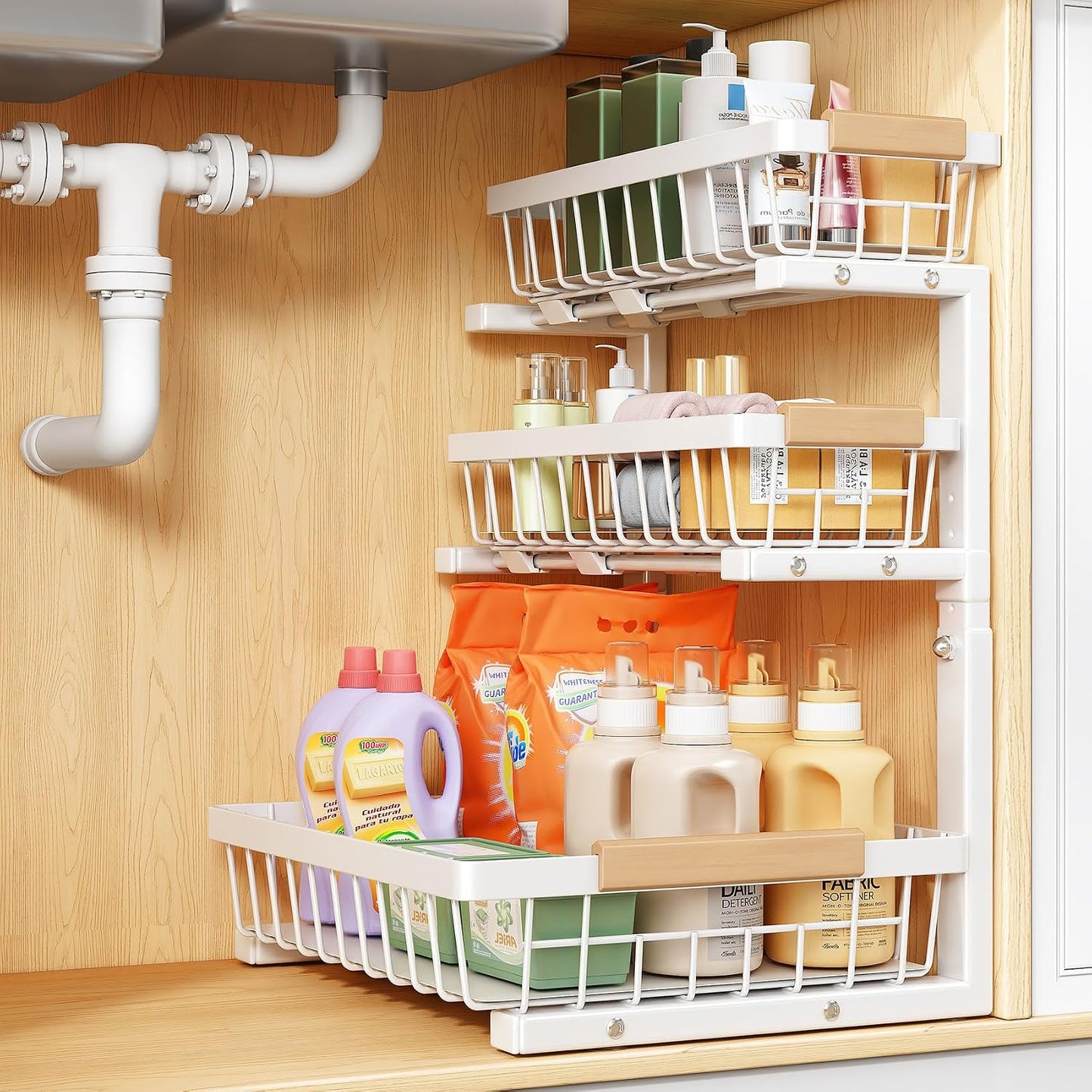 PXRACK Under Sink Organizer, 3-Tier 2-Pack Adjustable Height Pull Out Under Cabinet Organizer, Slide Out Thickened Metal Under Sink Storage for Kitchen Bathroom Laundry Pantry Organization, Black