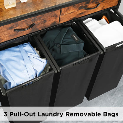 Laundry Hamper 3 Section, 150L Rolling Laundry Sorter Basket with 2 Shelves and 2 Drawers, 3 Compartment Clothes Organizer Cart with Wheels, Pull-Out Bags for Laundry Room, Bathroom, Bedroom