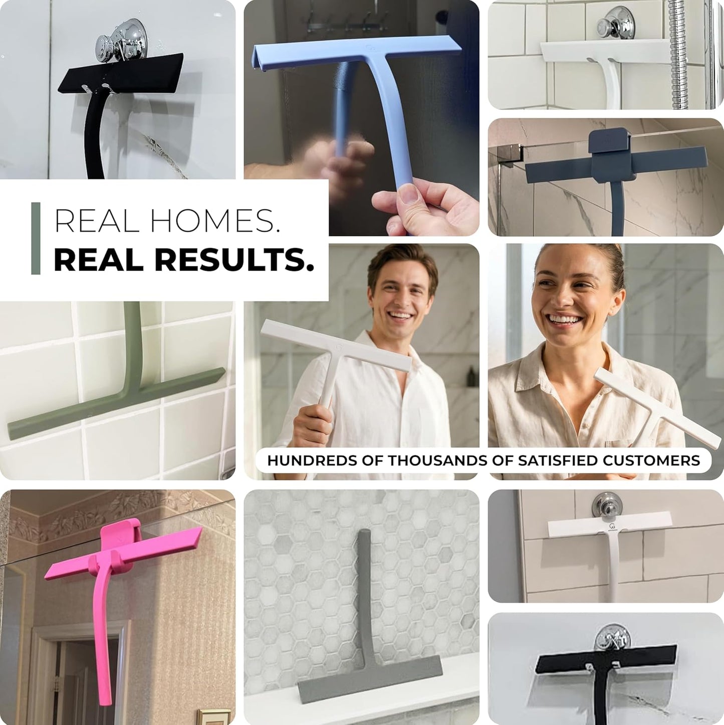 GÜTEWERK Silicone Shower Squeegee for Glass Doors & Mirrors with Stainless Steel Core, Streak-Free & No-Squeak Window Cleaning, 3-in-1 No-Drill Mount (Hook/Suction/Adhesive),White, 9 Inches
