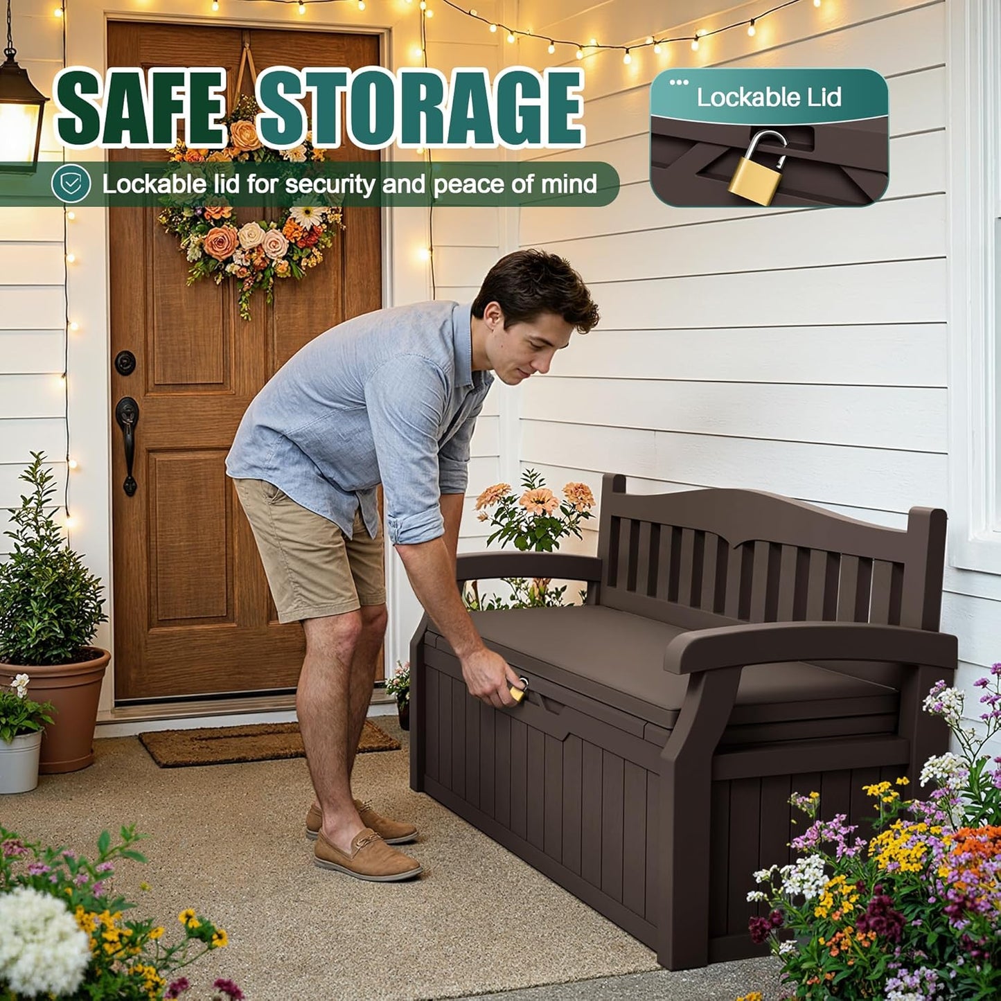 Devoko 80 Gallon Storage Bench Deck Box Lockable for Patio Furniture, Garden Decor and Outdoor Seating for Cushions, Garden Tools and Pool Supplies (Black)