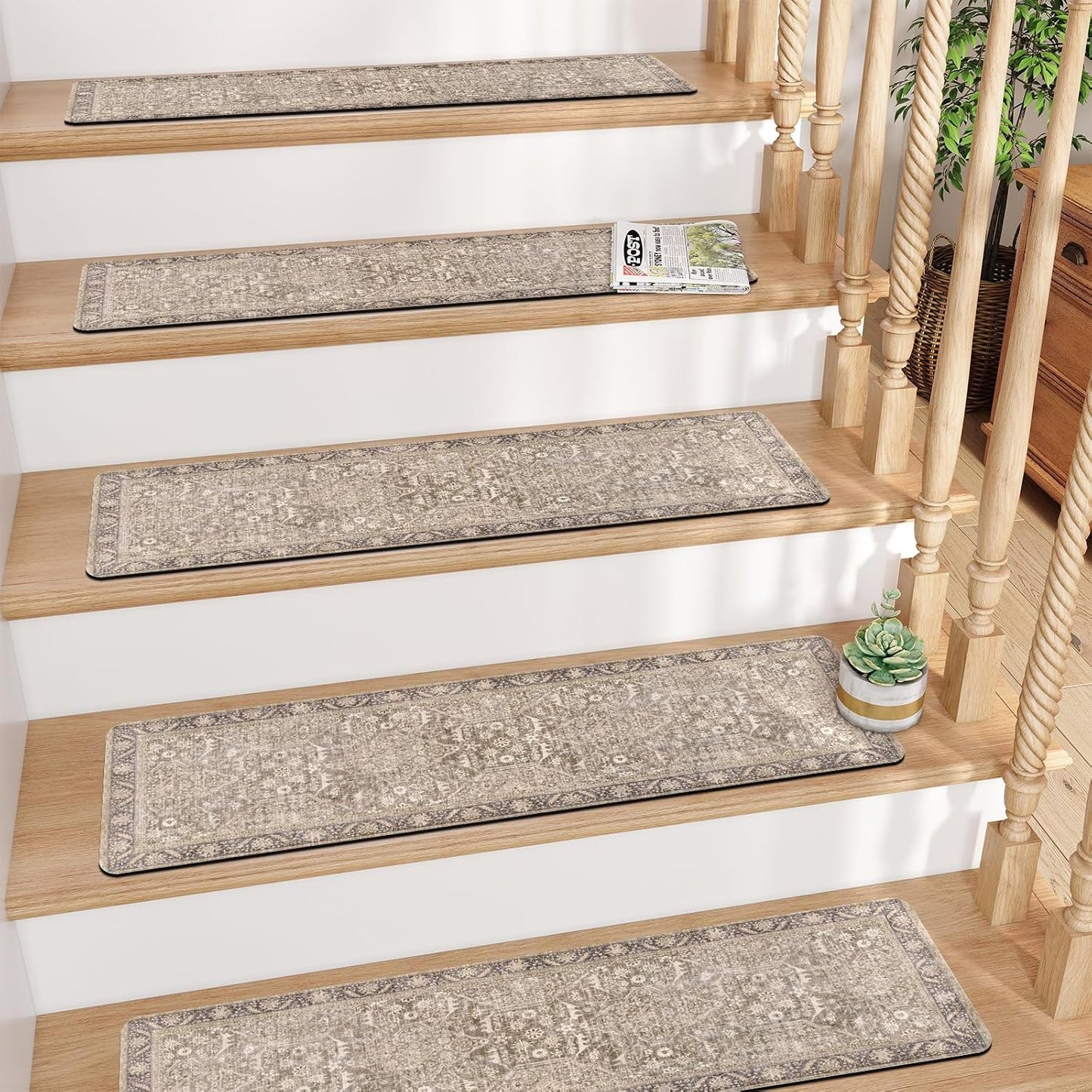 Tiveney Stair Treads Non Slip 15PCS 8"x30" Stair Runner, Rubber Backing Carpet Stair Treads for Wooden Steps, Washable Safety Carpet for Stairs Khaki Indoor Staircase Step Treads for Kids Elder Dogs
