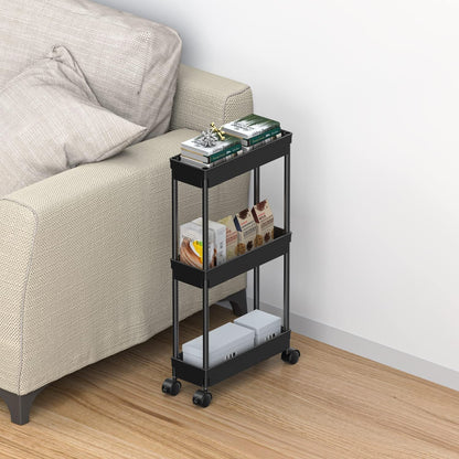 Sooyee 3 Tier Rolling Cart with Wheels, Slim Storage Cart, Under Desk Narrow Rolling Utility Cart Storage Organizer for Office Bathroom Kitchen Laundry Room Narrow Places, White, Plastic and Metal