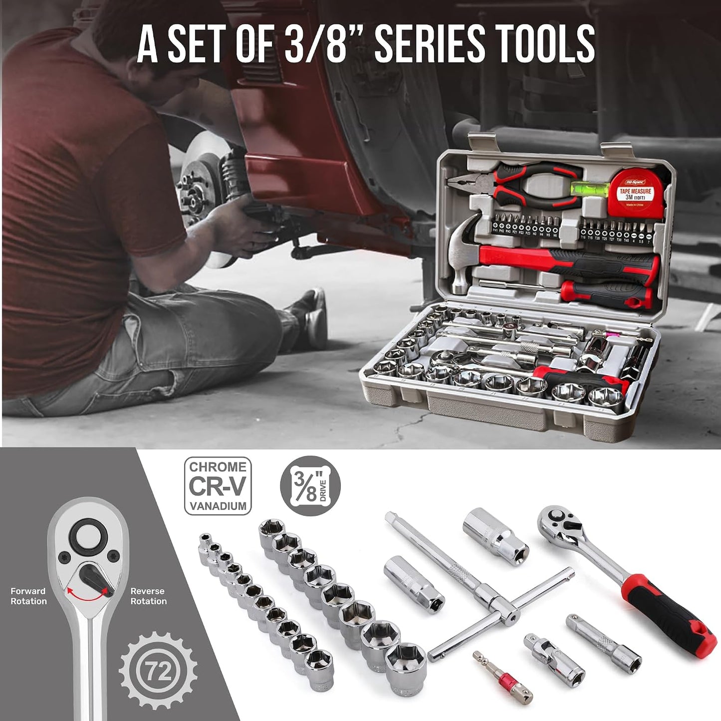Hi-Spec 57pc Home Garage DIY Tool Kit Set. Complete Beginner Handyman and Home Mechanics Tool Box Set for Auto, Car, Bike and Household Repairs