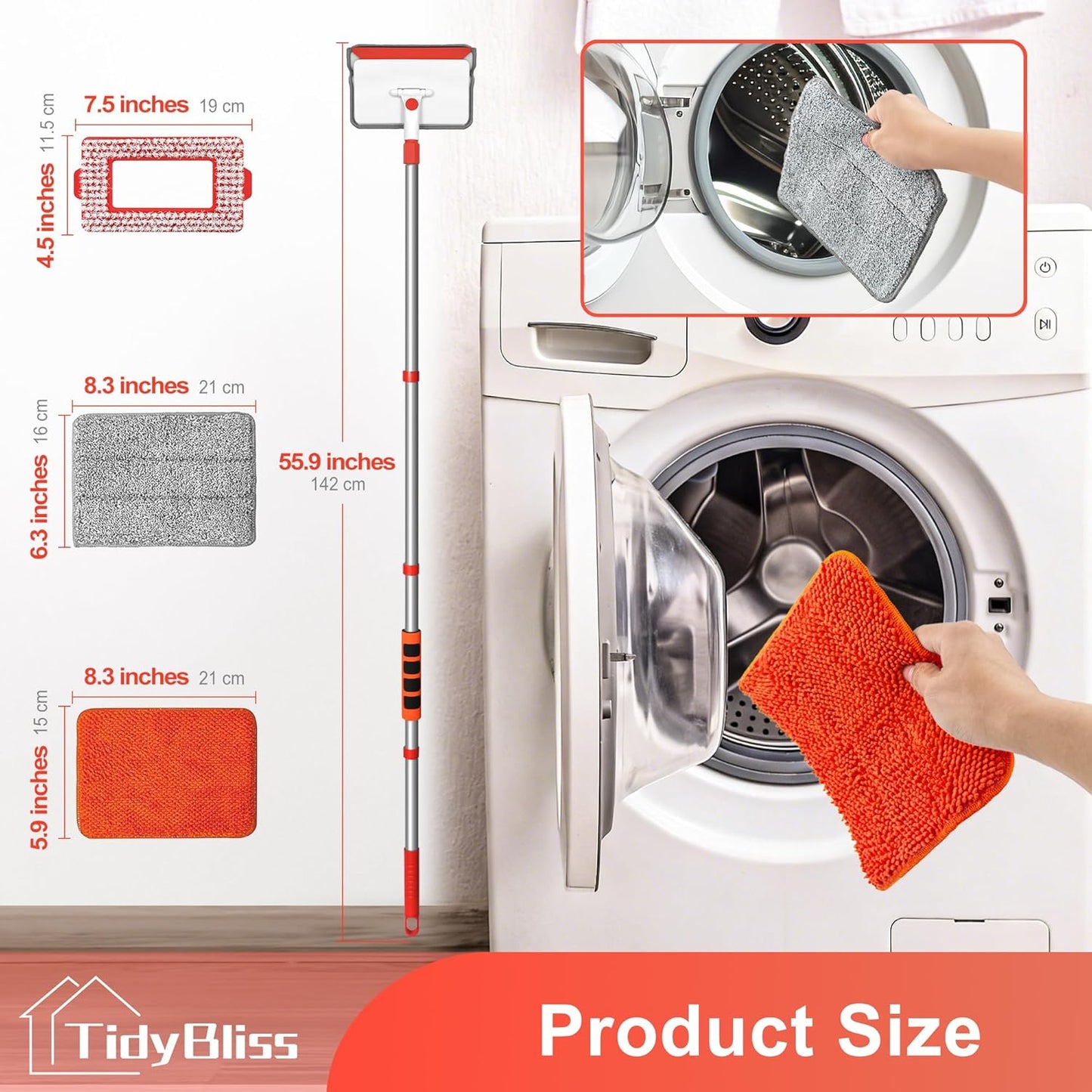 TidyBliss Baseboard Cleaner Tool with Handle, 55.9” Long Wall and Base Board Cleaning Mop, 4 Reusable Pads, 1 Stiff Bristle Scrubber Brush for Floorboard Ceiling Cabinet Window Bathroom Kitchen (Red)