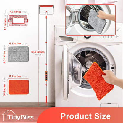 TidyBliss Baseboard Cleaner Tool with Handle, 55.9” Long Wall and Base Board Cleaning Mop, 4 Reusable Pads, 1 Stiff Bristle Scrubber Brush for Floorboard Ceiling Cabinet Window Bathroom Kitchen (Red)