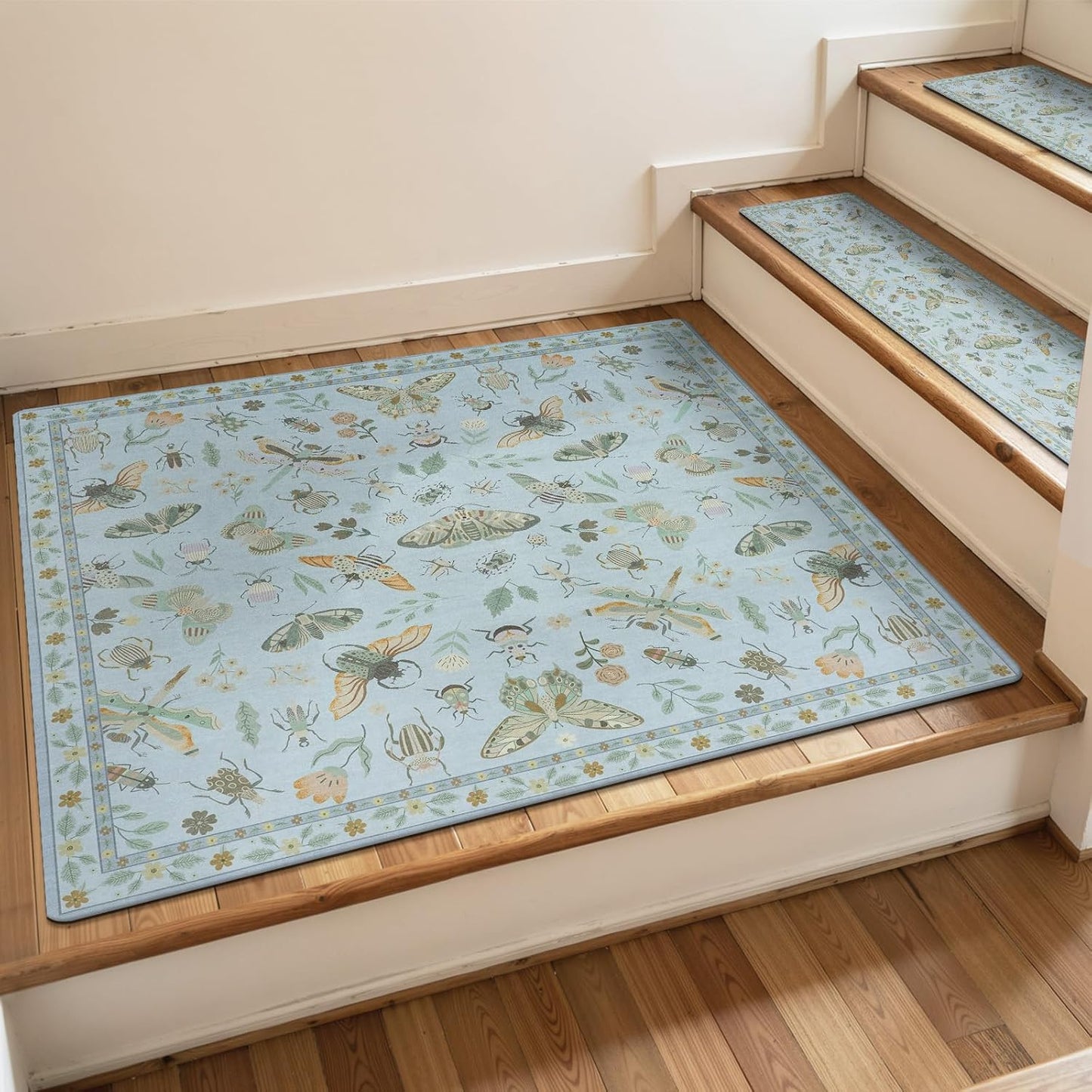 OJIA Insect Print Stair Treads Non Slip Stair Runners for Wooden Steps Indoor, 15PCS 8"x30" Rubber Backing Carpet Treads for Wood Stairs Staircase Step Treads for Kids & Dogs, Stair Covers, Black