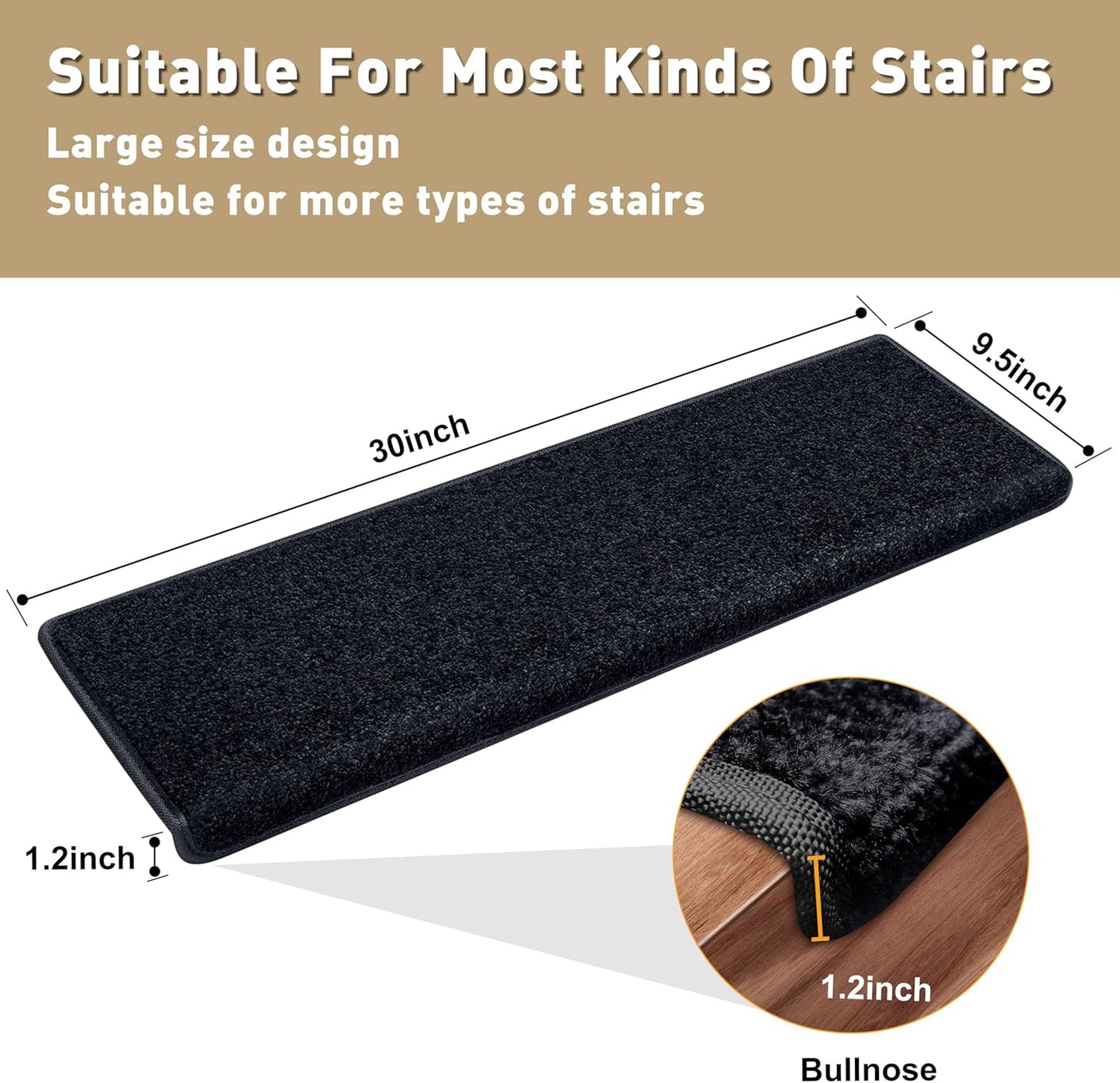 PURE ERA Carpet Stair Treads Tape Free Non Slip Indoor Stair Carpet Stair Protectors Pet-Friendly Non-Slip Skid Resistant Washable Reusable 8" x 30"(2 Pieces,Black)