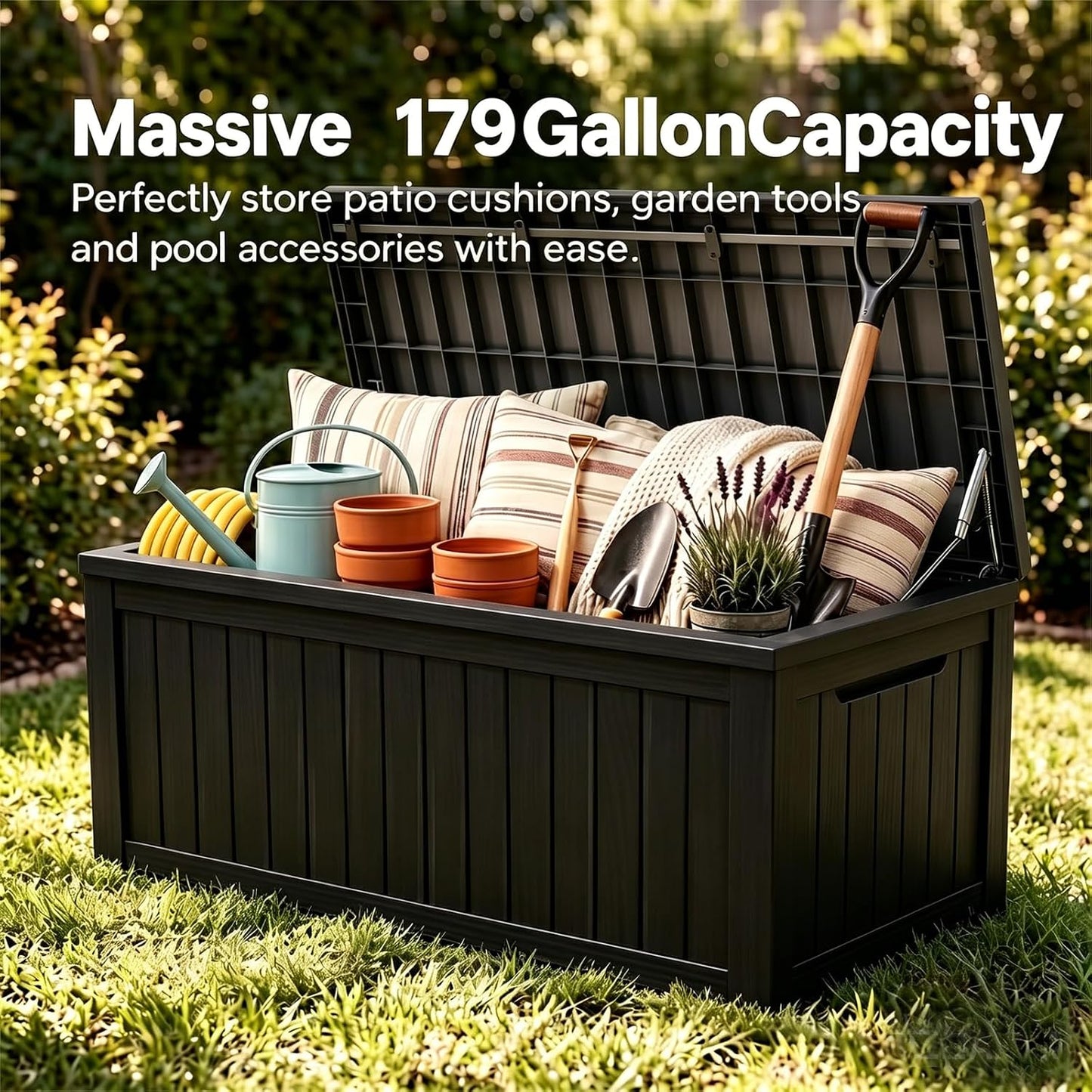 MAKINO 152 Gallon Resin Outdoor Storage Box, Waterproof Deck Box with Lockable Lid, Outside Storage Box for Patio Furniture, Pool Accessories, Garden Tools, Storage Bench for Backyard, Porch, Black