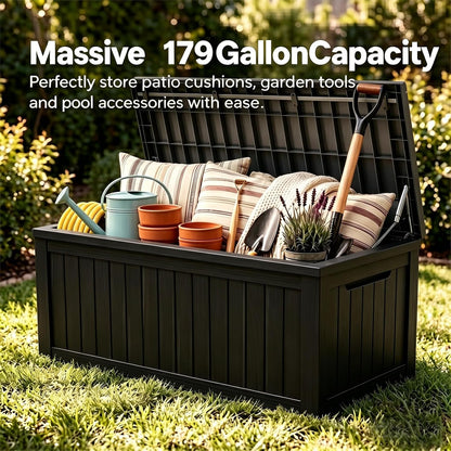 MAKINO 152 Gallon Resin Outdoor Storage Box, Waterproof Deck Box with Lockable Lid, Outside Storage Box for Patio Furniture, Pool Accessories, Garden Tools, Storage Bench for Backyard, Porch, Black