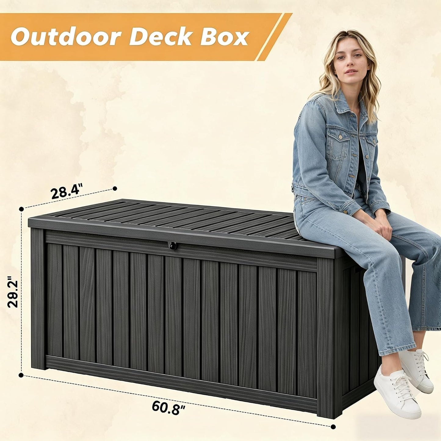 Fancyango 75 Gallon Outdoor Deck Box Waterproof, Large Storage Box for Patio, Resin Storage Bench Lockable for Garden Tools, Package Delivery, Black